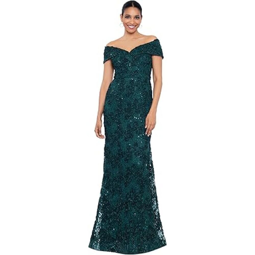 Xscape Women's Off the Shoulder Sweetheart Neckline Long Lace Dress Size 4 NWT